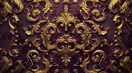 Royal convex golden baroque stucco patterns on wine purple background