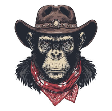 Monkey Head wearing wearing cowboy hat and bandana around neck