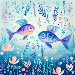 Fototapeta premium Watercolor painting of two fish swimming in a field of flowers. The fish are blue and orange. The flowers are pink and purple.