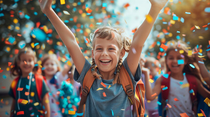 A lively group of children are throwing colorful confetti in the air, celebrating the start of the school year with excitement and laughter