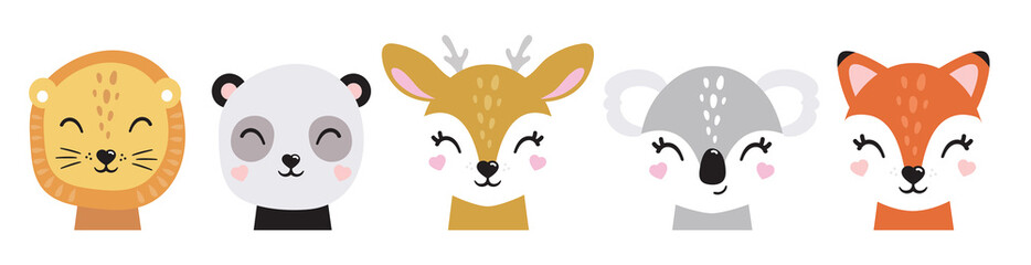 Cartoon cute baby animals for baby cards, baby shower invitation,print,poster. Vector illustration.Deer,cat, bunny,koala,llama,alpaca, raccoon,fox,unicorn, wolf,bear,lion,panda,tiger,dog,rabbit,hare