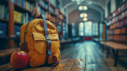 A vibrant yellow backpack rests peacefully on top of a rustic wooden table, ready to embark on another adventure - obrazy, fototapety, plakaty