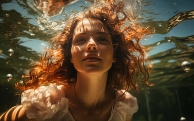 Woman swimming underwater in a sea, underwater camera shot. - 764561738