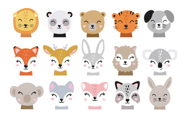 Cartoon cute baby animals for baby cards, baby shower invitation,print,poster. Vector illustration.Deer,cat, bunny,koala,llama,alpaca, raccoon,fox,unicorn, wolf,bear,lion,panda,tiger,dog,rabbit,hare