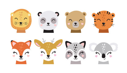 Cartoon cute baby animals for baby cards, baby shower invitation,print,poster. Vector illustration.Deer,cat, bunny,koala,llama,alpaca, raccoon,fox,unicorn, wolf,bear,lion,panda,tiger,dog,rabbit,hare