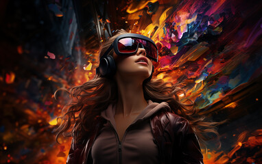 Future 3D vision, 3D game, multicolor, neon color, woman in 3D glasses in a fairytale colorful future. - 764561941