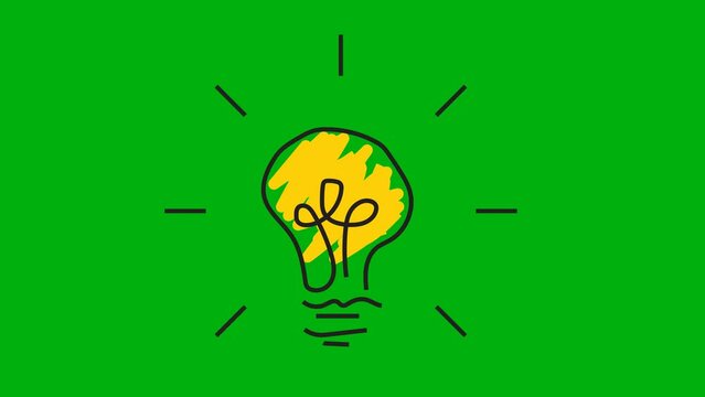 4k resolution hand drawing of a lighted light bulb giving rise to an idea, animated business concept for web, video element or presentation. with a green screen background