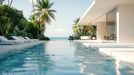 The edge of an infinity pool blends into the ocean at a tranquil villa retreat surrounded by lush tropical greenery