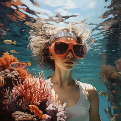 Woman swimming underwater in a sea, underwater camera shot. - 764562185