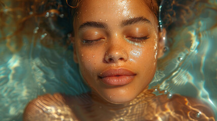 Submerged Face, Eyes Closed, Light Filters Through Water