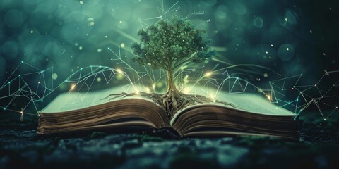 A tree is growing out of an open book - obrazy, fototapety, plakaty