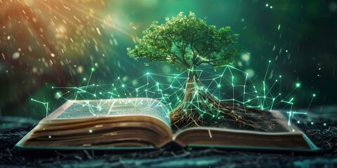 A tree is growing out of an open book - obrazy, fototapety, plakaty