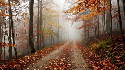 A mystical fog envelops the forest on an autumn day