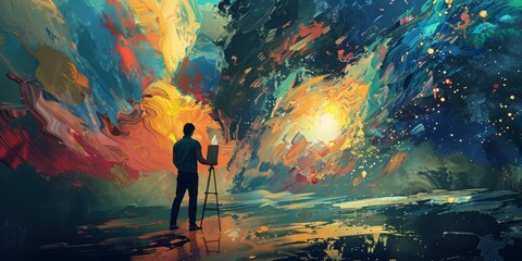 A man is painting a picture of a colorful space with a sun in the background