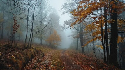 A mystical fog envelops the forest on an autumn day