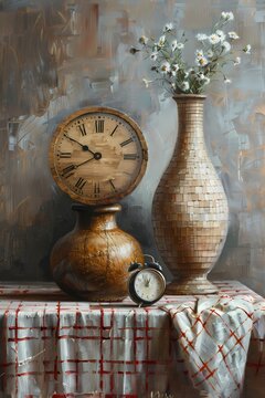 a painting of a still life arrangement of aged flowers vase  , vintage style resting on a weathered wooden table, art work for wall art, home decor and wallpaper 