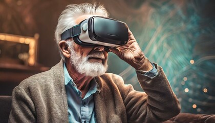 Elderly playing virtual reality headset with copy space background. - obrazy, fototapety, plakaty