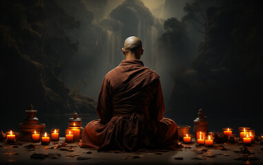 meditating monk, rear view, dark moody lighting.