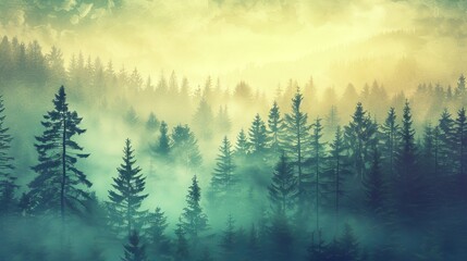 A mesmerizing misty landscape captures the serene beauty of a fir forest