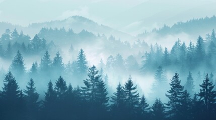 A mesmerizing misty landscape captures the serene beauty of a fir forest - obrazy, fototapety, plakaty