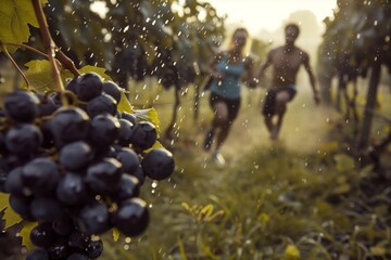 energetic couple dashing through a vineyard with raindrops on grapes