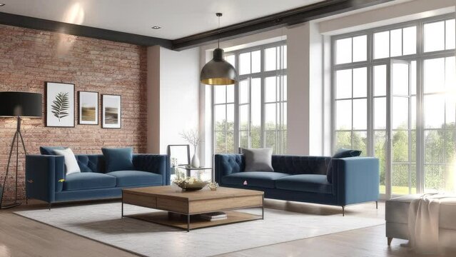 3D rendering. Living room with sofa in a loft-style apartment.