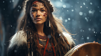 Shaman woman in winter landscape. - 764563321