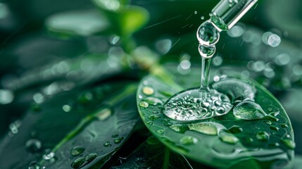 A pipette dispenses essential liquid serum or oil against a backdrop of fresh green leaves