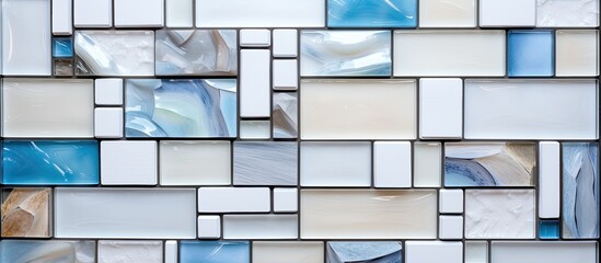 An up-close view of a wall made of glass tiles featuring a intricate blue and white design
