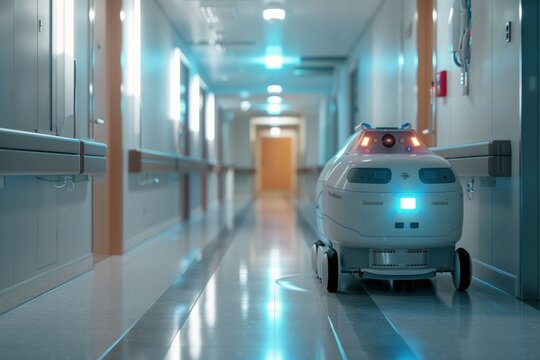 A medical robot carries medications along a hospital corridor. Concept future of healthcare, robotic and medicine. Copy space for text. 