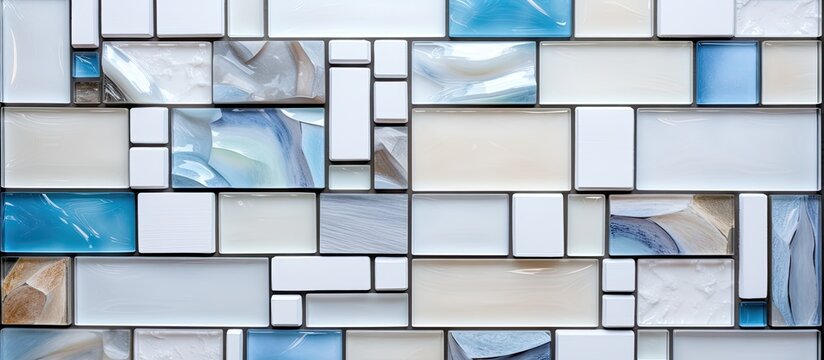 An up-close view of a wall made of glass tiles featuring a intricate blue and white design