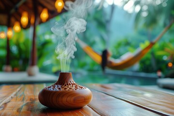 Aroma oil diffuser with steam on a wooden table in the yoga center in the villa. In the background girl lies in a hammock, minimalism, copy space. Concept aromatherapy and relaxing. Mental health - obrazy, fototapety, plakaty