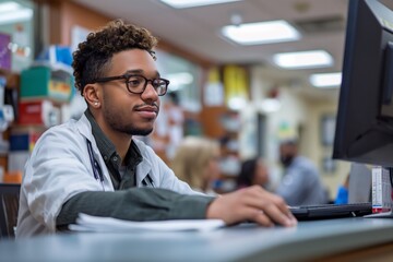 Obraz premium Young African American man receptionist on a computer working at his desk or table in a hospital, helps examine people for appointments. Concept healthcare workers 