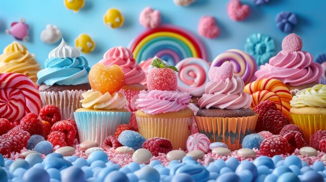 bright cupcakes against a background of many sweets, candy rainbow. Copy space for text. Concept candy shop, birthday, sweet, bakery