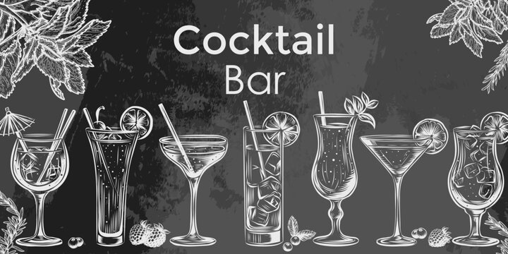 Vector outline hand drawn illustration with alcohol glasses and alcoholic drinks on blackboard background. Menu design template.