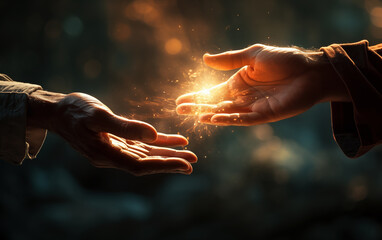 people give each other a helping hand, magic light between hands. - 764563716
