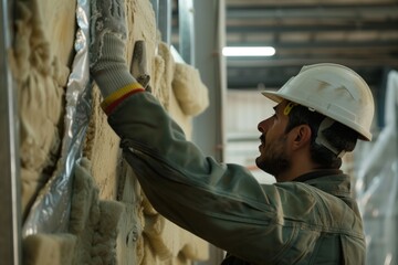 technician installing fireproof mineral wool in industrial setting - 764563722