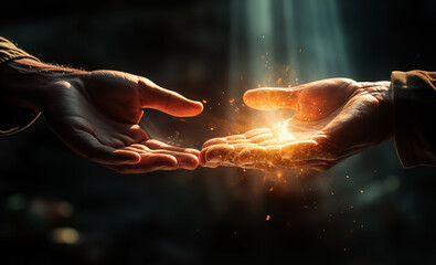 people give each other a helping hand, magic light between hands.