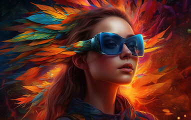 Beautiful woman in glasses surrounded by colorful feathers. - 764563941