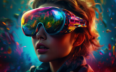 Future 3D vision, 3D game, multicolor, neon color, woman in 3D glasses in a fairytale colorful future. - 764563982