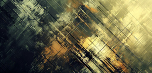 Dynamic abstract with bold streaks and grunge textures in yellow and grey tones, full of motion.