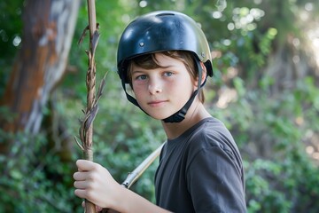 Fototapeta na wymiar teen wearing helmet, holding stick