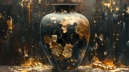 a painting of a still life arrangement of aged gold foiled vase  , black color, resting on a weathered wooden table, art work for wall art, home decor and wallpaper 