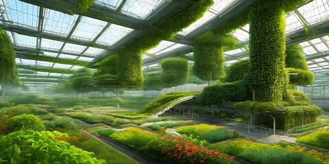 A futuristic digital masterpiece envisioning a high-tech agricultural hub. See automated farming machines thriving vertical gardens.