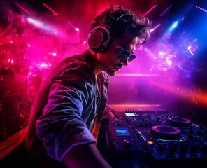 dj in concert in a flood of laser and strobe lights and in a light smoky haze, a magical club atmosphere full of colors, ethernal light. - 764564531