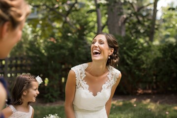 bride laughing with flower girl nearby