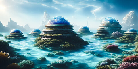 Utopian underwater city. Marvel at the transparent domes, futuristic transit networks, and cutting-edge research hubs delving into the ocean's mysteries.