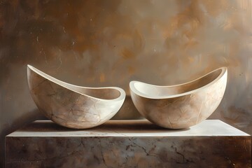 a painting of a still life arrangement of aged ceramic bowls , , resting on a weathered stone marble table, art work for wall art, home decor and wallpaper  - obrazy, fototapety, plakaty