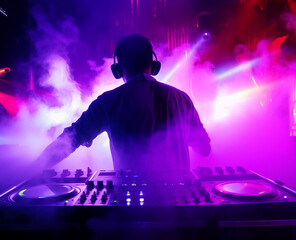 dj in concert in a flood of laser and strobe lights and in a light smoky haze, a magical club atmosphere full of colors, ethernal light. - 764564962