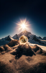 crystal bitcoin on snow mountain in beautiful sun light.